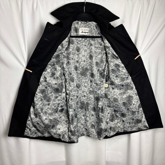 Guess M Black Wool Blend Coat Button Zip Sleeve Pocket Floral Lining Collar NWT - Picture 4 of 10